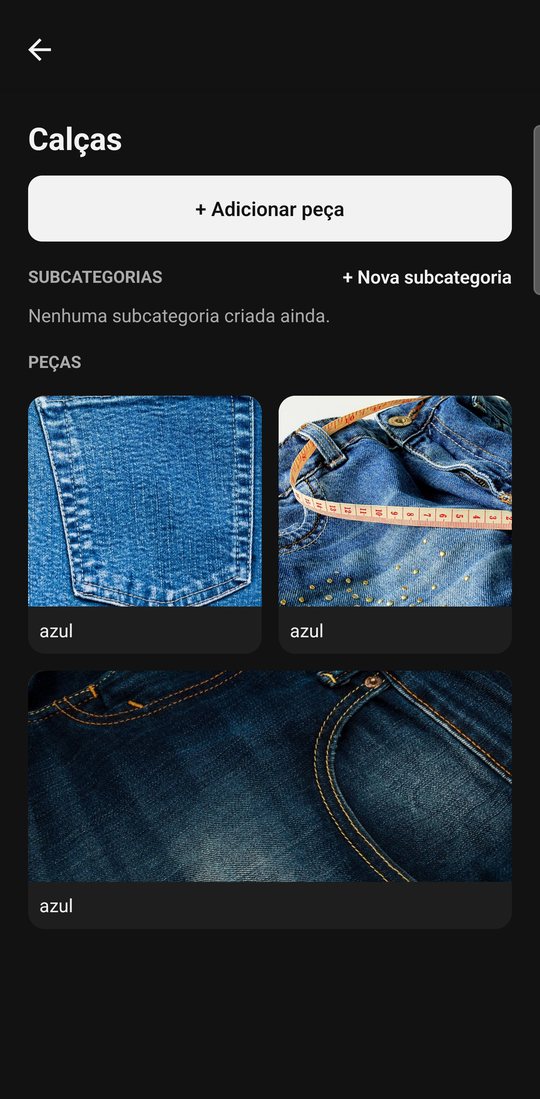 Categoria Calças com fotos das peças e a cor identificada pela IA