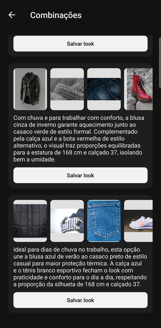 Combinações sugeridas com explicação