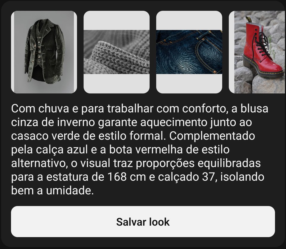 Combinação real sugerida pelo Combyne: casaco, blusa, calça e bota, com a explicação da IA