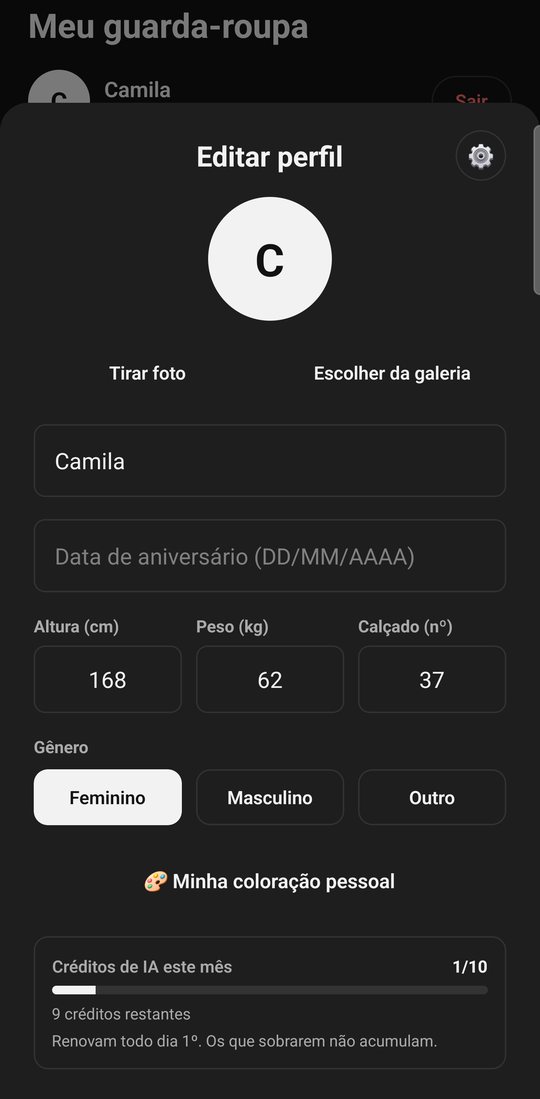 Perfil com altura, peso, calçado e créditos de IA